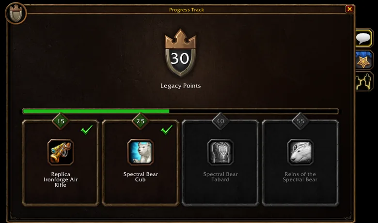 Interface de progression Legacy et ses récompenses.