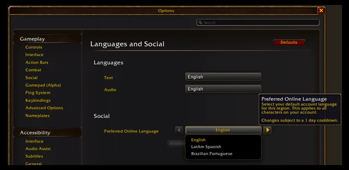 Menu de langue préférée dans les options sociales de Forever.