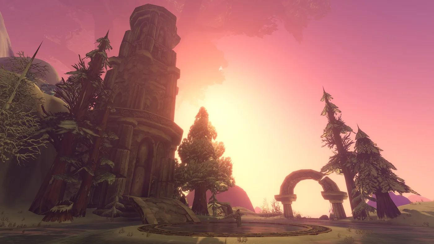 Ruines et arbres enneigés sous un ciel rose.
