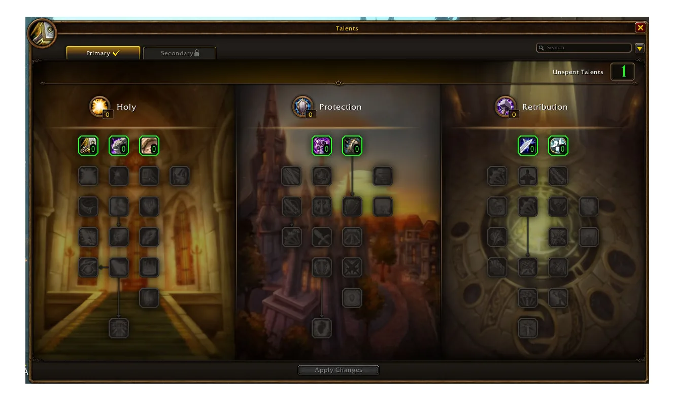 Les trois arbres de talents du paladin dans l’interface de Forever.